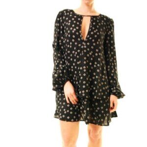 Free People Long Sleeve Boho Drapey Mini Dress Black Print Size S